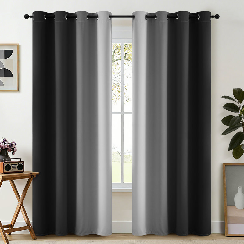 Ombre Black  Thermal Insulated Curtains, Grommet Top Gradient Window Drapes 2 Panels, Black/Grayish White, 52" W x 84" L