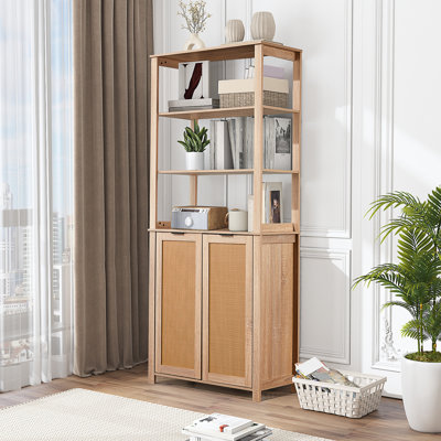 Bibliothèque Bay Isle Home ™ en rotin avec armoire, bibliothèque autoportante robuste, bibliothèques avec rangement ouvert pour le salon