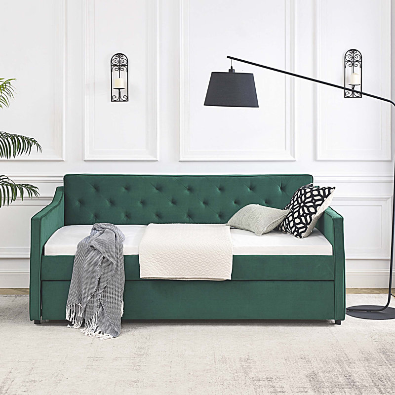Twin Size Daybed with Twin Size Trundle, Upholstered Tufted Sofa Bed, Green