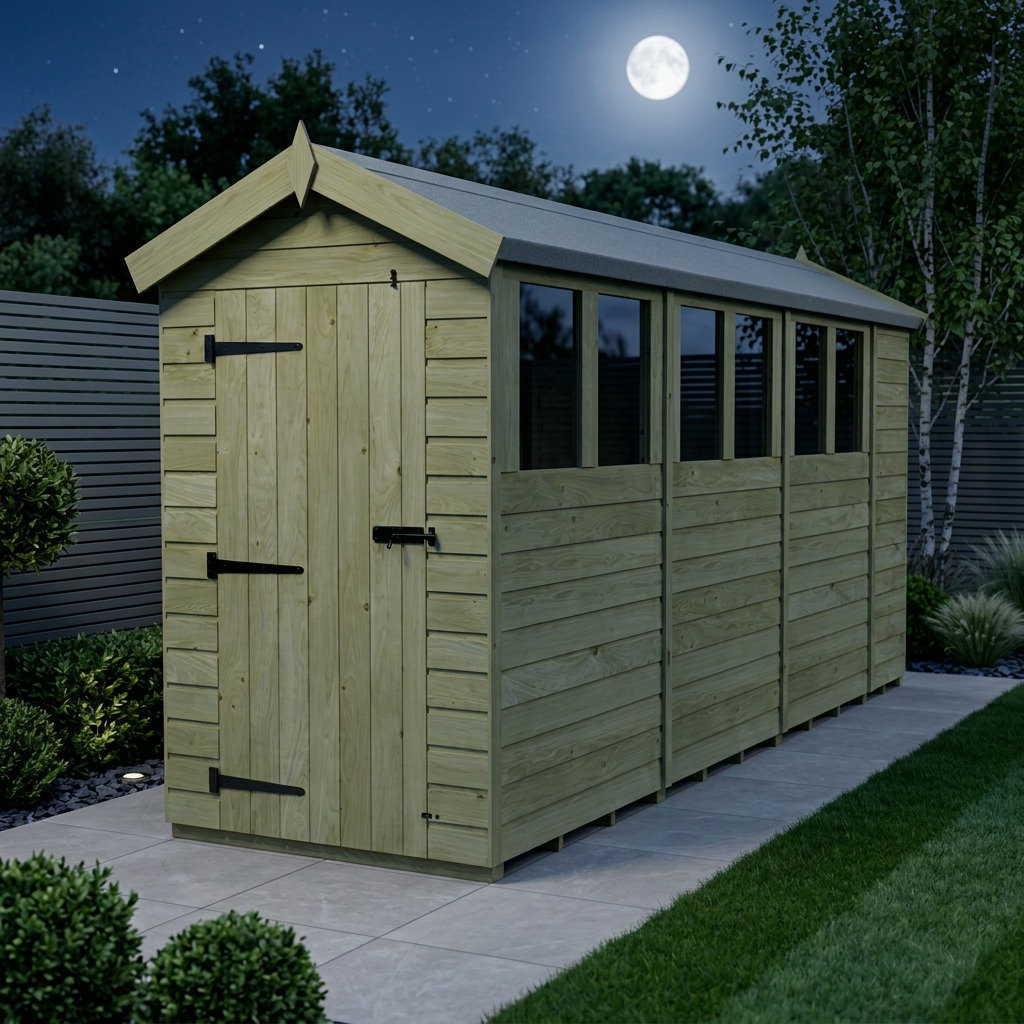 Total Sheds 4ft x 15ft Apex Garden Shed - Single Door - With Windows - Pressure Treated Timber - UK Manufactured