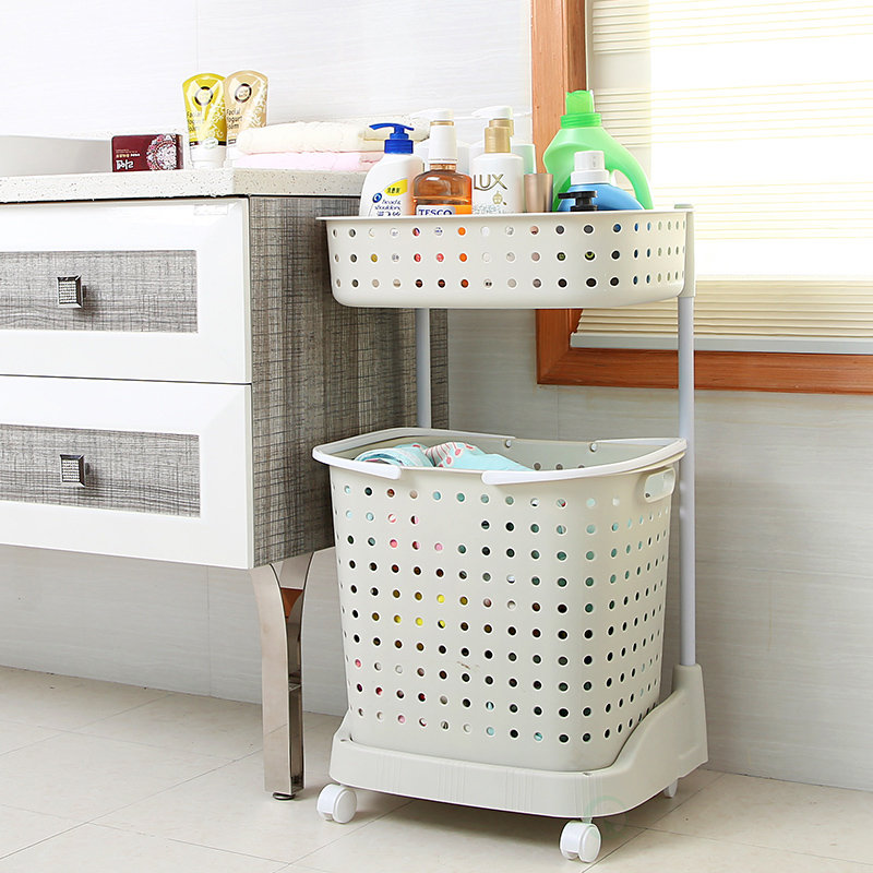 Slim Hamper with Wheels - 2 Tier Rolling Laundry Cart, Narrow Plastic Basket, Double Compartments, 360 Degree Swivel Casters, Space Saving Organizer for Bathroom, Bedroom, Utility Room, White