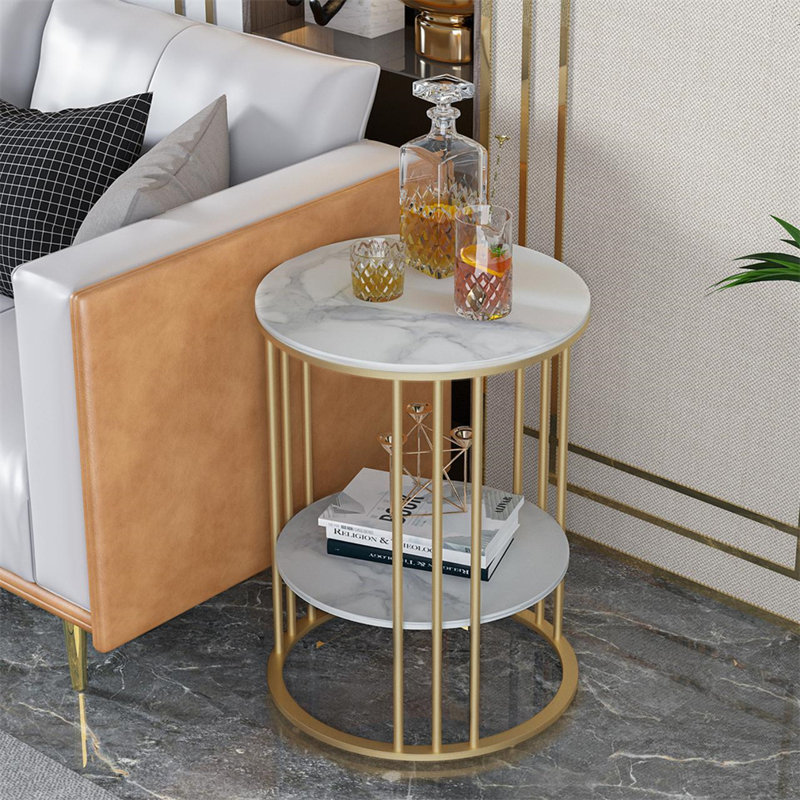 White Stone Side End Table 2-Tier Round Bedside Table With Storage Shelf
