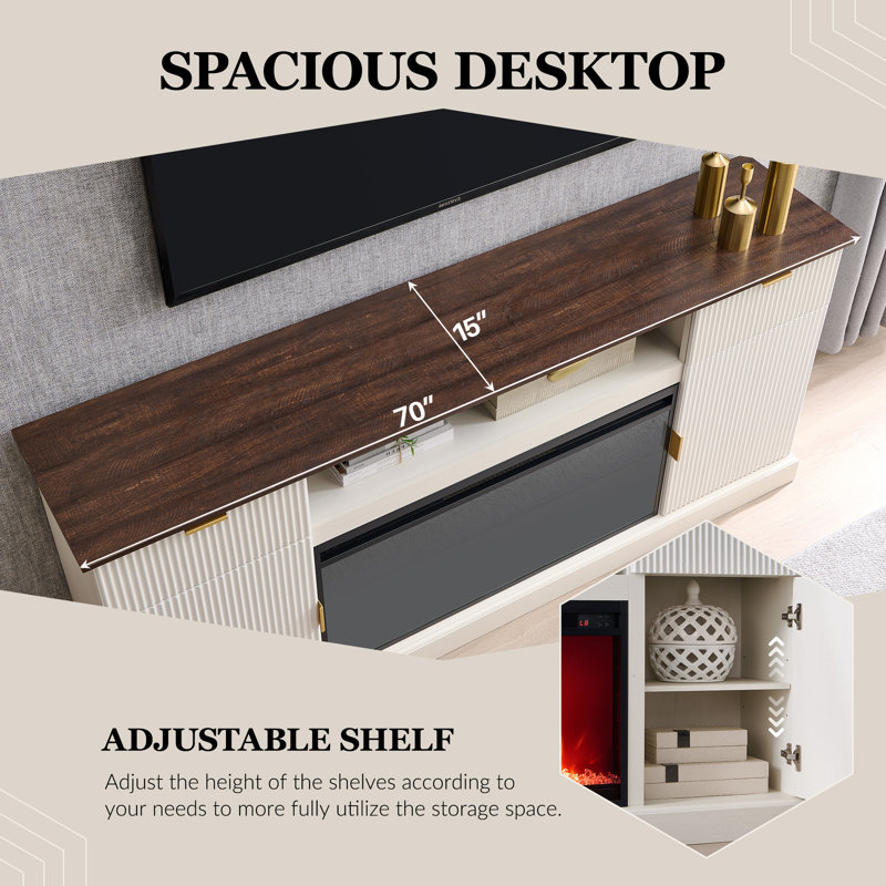 Flute Fireplace TV Stand Suitable for TVs Under 80", Modern Entertainment Center Equipped with 36" Electric Fireplace, and Equipped with Overheat Safety Protection Device
