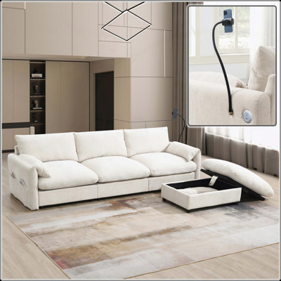 Canapé modulaire en L 96,5 po avec repose-pieds, poches, support de téléphone réglable, chargeur USB et tissu chenille pour plus de confort et de fonctionnalité