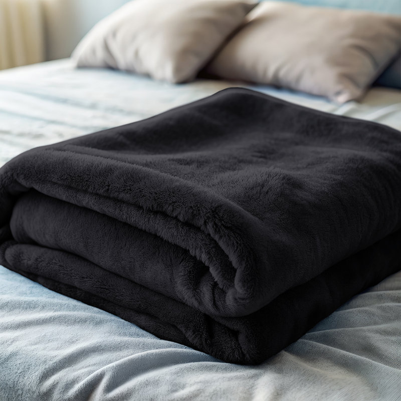 Ultra Soft Plush Faux Fur Reversible Fleece Blanket, Black, Super King