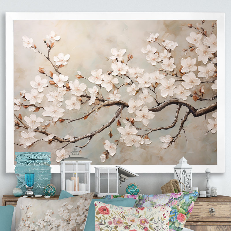 Minimalisme blanc et gris Cherry Blossom III - art mural Cherry Blossom, H 12 po x l 20 po x P 1 po, Cadre blanc