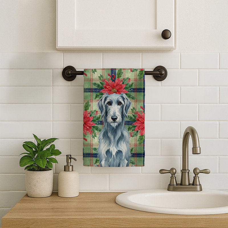 Blue-Gray Scottish Deerhound Christmas PoinsettIas Kitchen Towel, Blue-Gray Scottish Deerhound