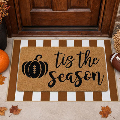 2 Pack Football Pumpkin Layered Doormat Set – Non-Slip Coir Welcome Mat with Brown & White Striped Rug for Autumn & Thanksgiving Entryway Décor