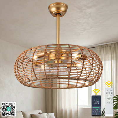 24 Inch Boho Rattan Caged Ceiling Fan with Lights and Remote, Reversible 6 Speeds Fandelier Ceiling Fan for Bedroom  