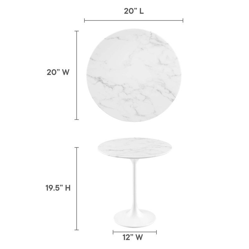 Table d'appoint ronde en marbre artificiel 20 po Lippa, Blanc, White