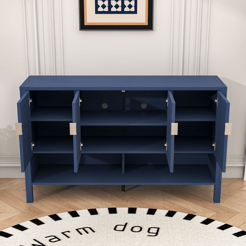 Modern Four-Door Sideboard Buffet Cabinet with Adjustable Shelves, Open Storage and Geometric Doors, Navy Blue