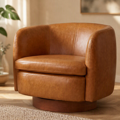 Fauteuil d'appoint pivotant demi-tonneau Mistpeople, petit fauteuil simple pivotant à 360 °, fauteuil rond rembourré avec base en bois massif, petit canapé moderne et confortable pour le salon, la chambre à coucher, le bureau, brun
