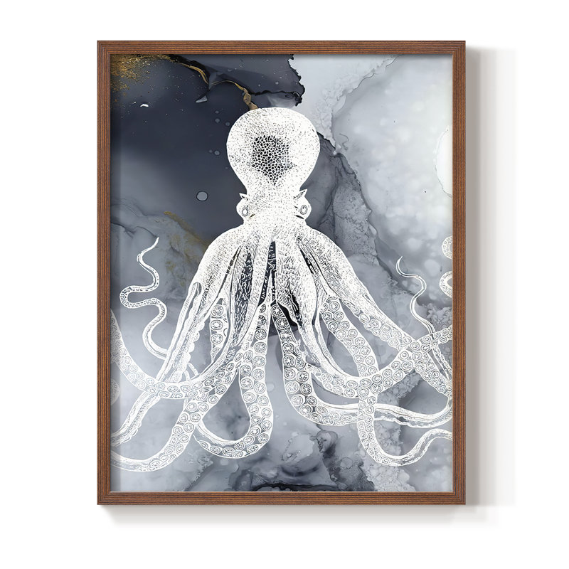«Octopus Ink I», reproduction encadrée - bois massif, Cadre photo brun simple, H 20 po x l 16 po