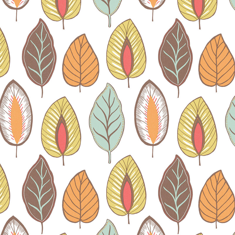 Floral Wallpaper, White/Brown/Orange/Green/Yellow