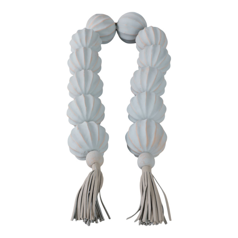Decorative Ecomix and Leather Bead Strand with Tassel Accents and Textured Round Design for Stylish Home Accents and Modern Boho-Inspired Decor - Light Blue