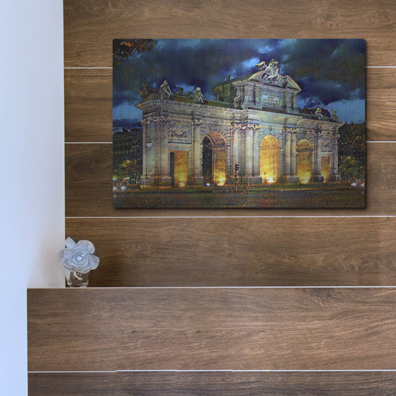 «Madrid Espagne Alcala Gate» par Pedro Gavidia, art mural en métal, 36 po x 24 po, H 12 po x l 16 po