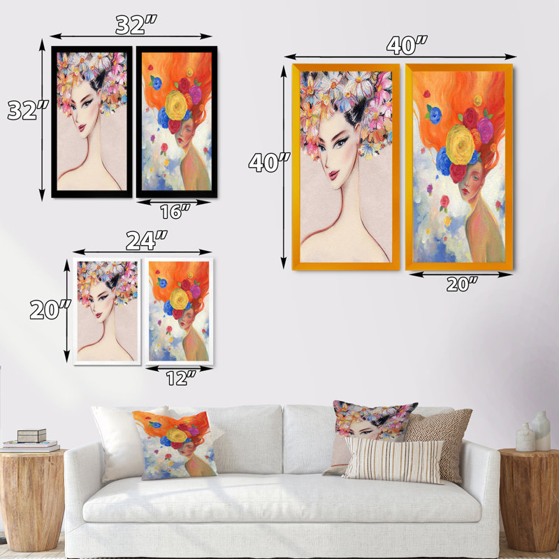 Floral Fashion Woman Portrait - ensemble de 2 peintures sur toiles, H 32 po x l 32 po x P 1 po, Cadre photo noir