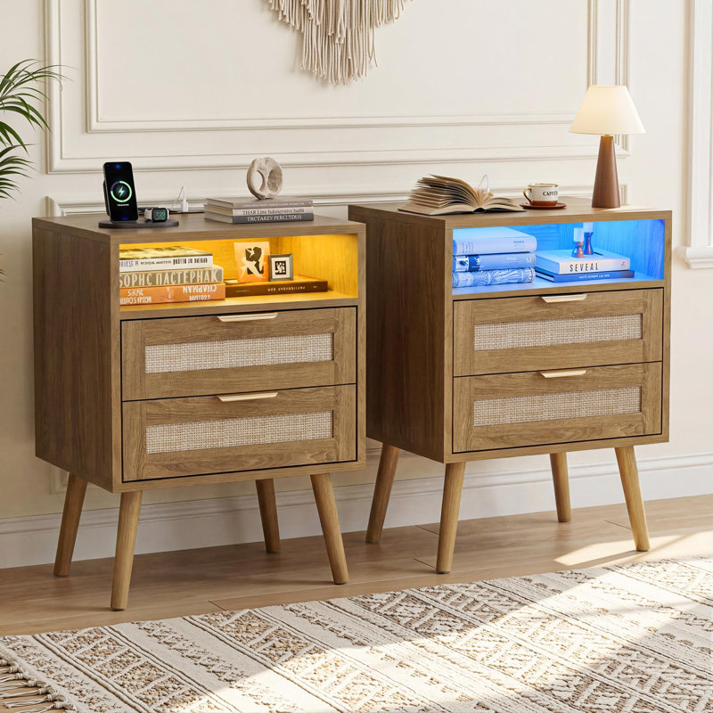 45 cm W Solid Wood Bedside Table, Rattan Brown