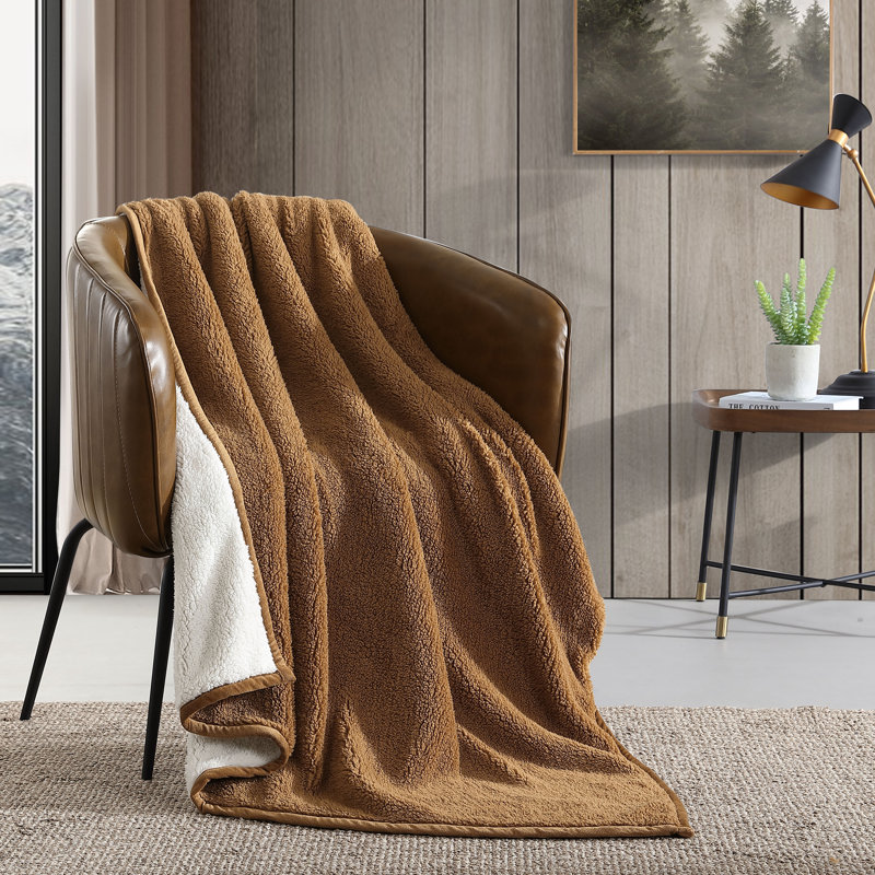 Alpine Eddie Bauer Solid Bi Colored Plush Sherpa Throw Blanket, Brown/Ivory