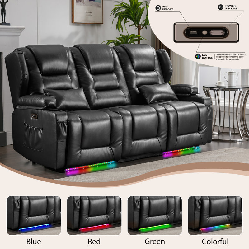 Power Recliner Sofa Home Theater Seating With Led Ambient Lighting, Cup Holders, Side Pockets, Black