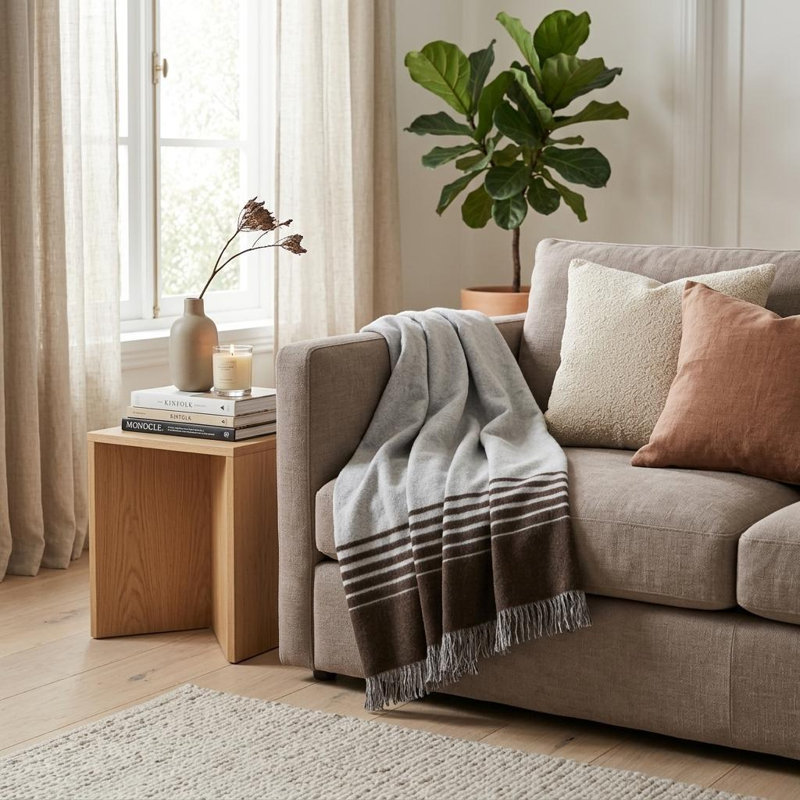 Jeté rayé en microfibre tissé avec frange