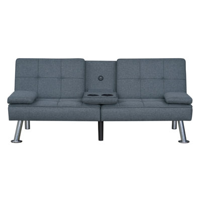 Convertible Folding Futon Sofa Bed, Gray Fabric, Silver Metal Legs
