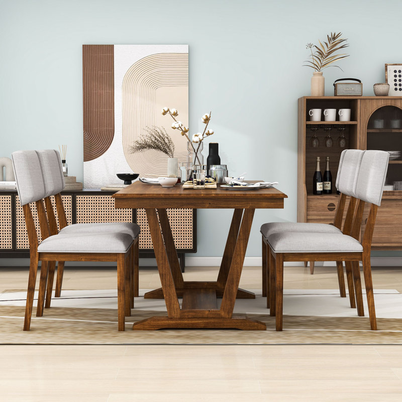 5-Piece Dining Table Set, Rectangular Dining Table and 4 Linen Upholstered Chairs, Walnut