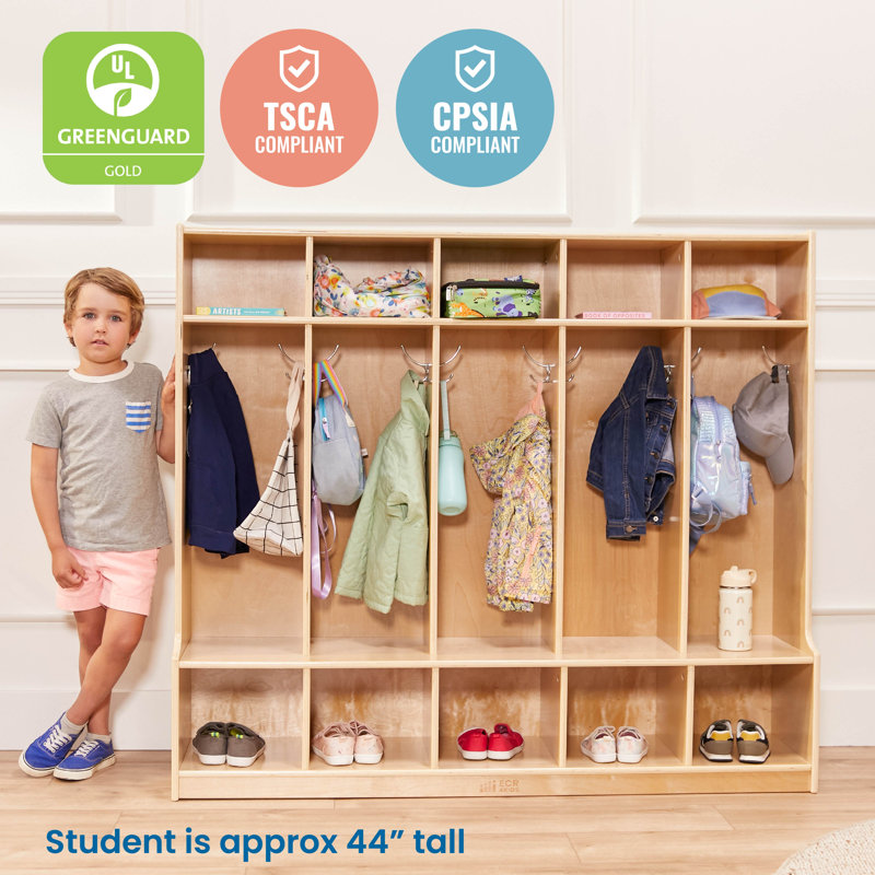 Casier ECR4Kids 5 sections avec banc, mobilier de salle de classe, Naturel
