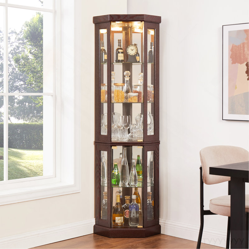 Corner Glass Cabinet Lighted Curio Cabinet Corner Display Case For Living Room, Curio Cabinet, Antique Collection, Wine,Bar Glass Storage Light Included,Dark Cherry