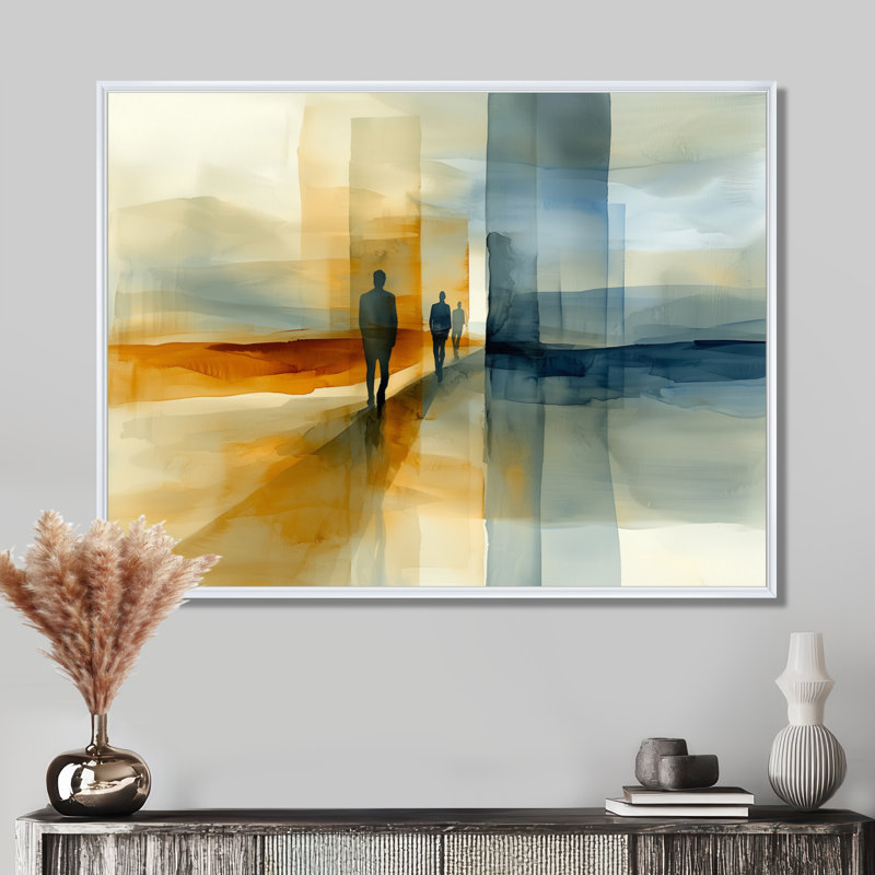 Abstrait marchant vers l'inconnu II - art mural transitionnel abstrait moderne, H 16 po x l 32 po, Avec cadre, Blanc