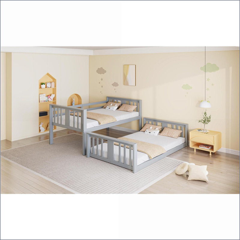 Lit superposé simple au-dessus d'un lit simple en pin avec glissade et amp; Échelle, sans sommier, blanc / gris pour les pièces communes