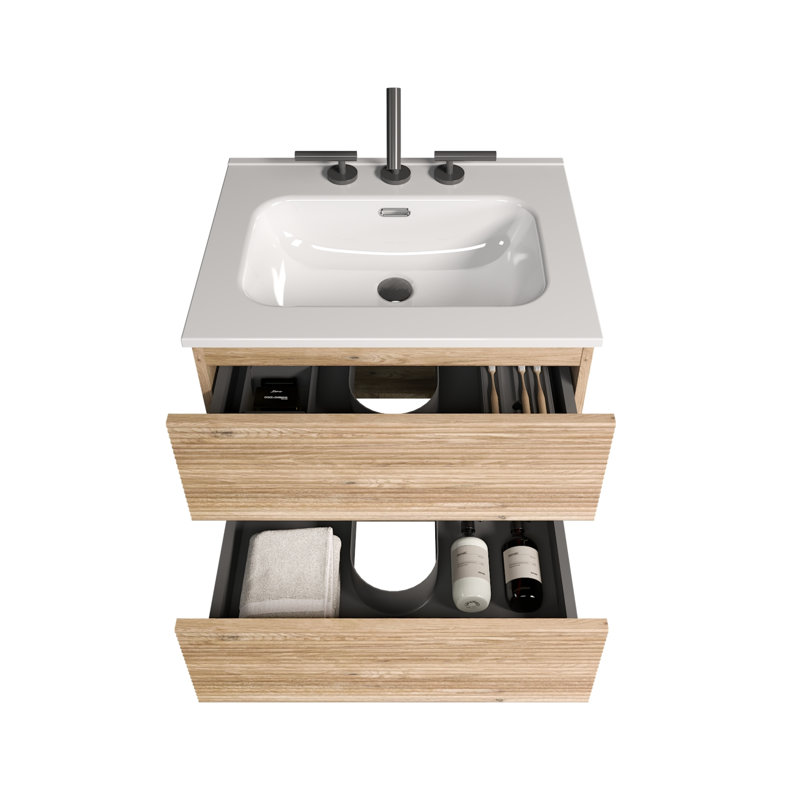 Meuble-lavabo mural moderne en chêne et lavabo, rangement peu encombrant, salle de bain luxueuse