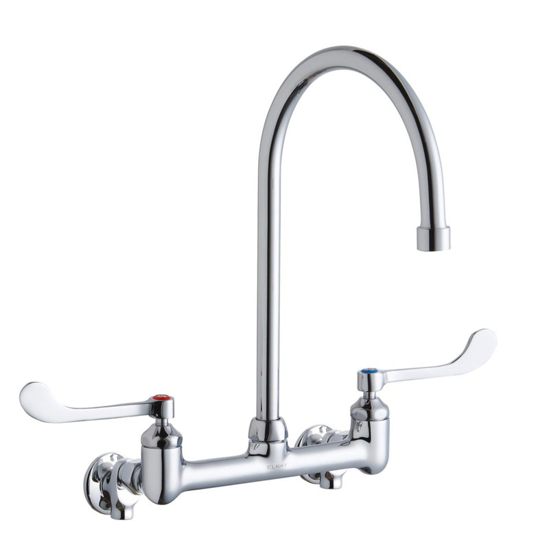 Scrub/Handwash 8" Centerset Wall Mount Faucet w/8" Gooseneck Spout 6" Wristblade Handle 1/2" Offset Inlets+Stop