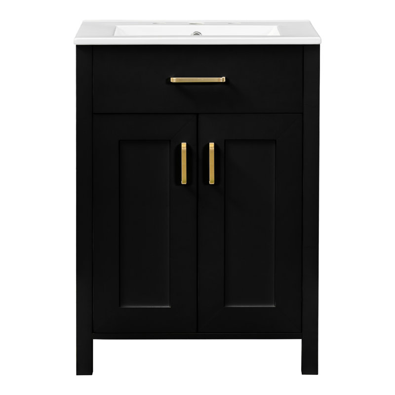 Meuble-lavabo 24 po avec lavabo en céramique - Compact. Bois massif +. Noir élégant. Poignées. 2 portes à fermeture douce. Vaste espace de rangement intérieur.