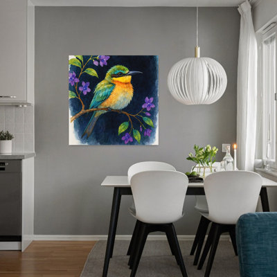 Tropical Bee Eater Bird On Flowering Branch Colorful Modern Organic Bee Bird Nature Plant Wall Art