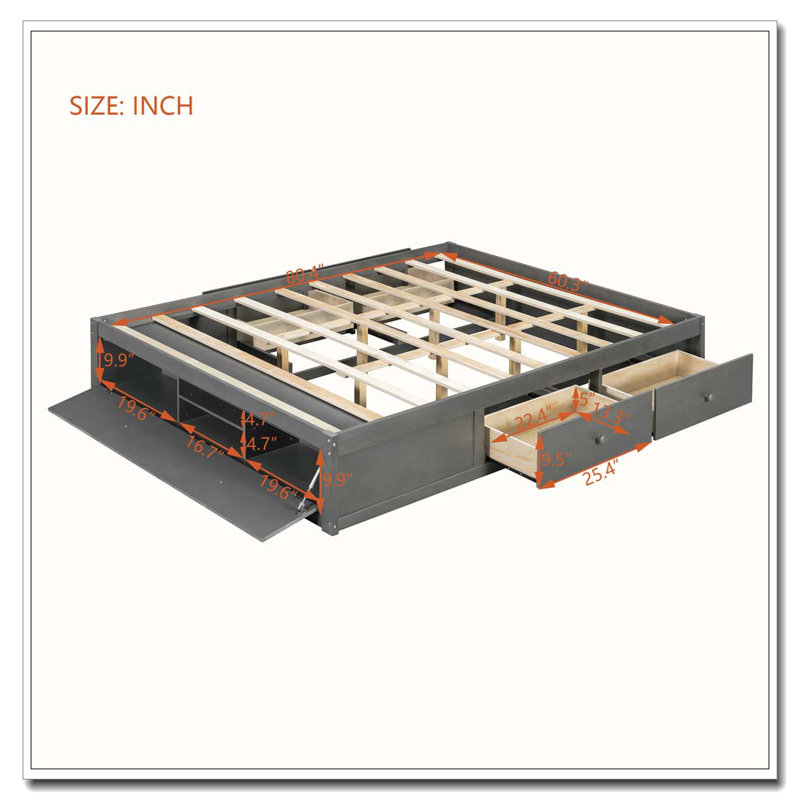 Structure de lit plateforme grand format avec 4 tiroirs de rangement et rangement de pied de lit à levage hydraulique, Gris