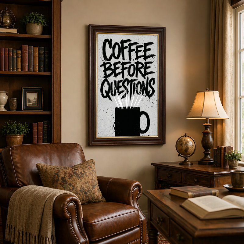 Natural Wood Framed,Canvas Wall Art for Living Room, Bedroom, Office or Entryway – Decorative Wall Decor with Coffee Before Questions