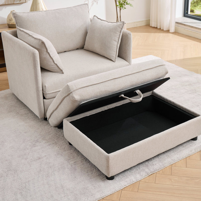 Upholstered Chenille Accent Chair With Footstool, White Chenille