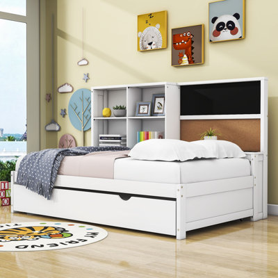 Cyanne Wooden Daybed with Twin Size Trundle, Shelves and Blackboard