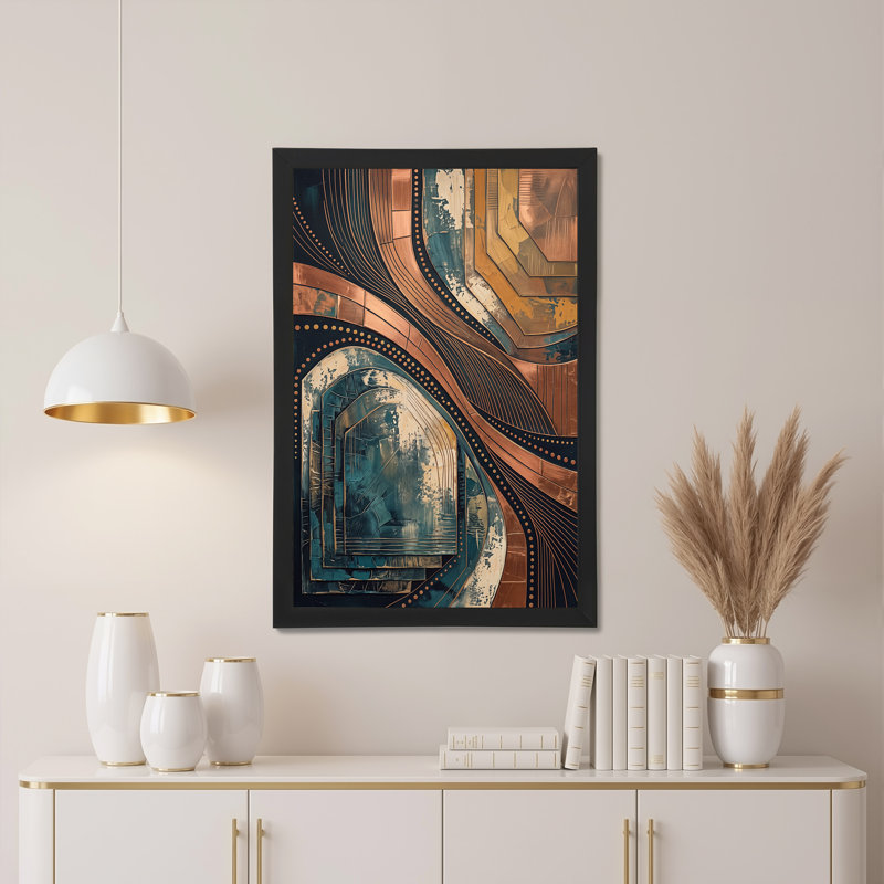 Art mural moderne sur toile à lignes géométriques abstraites cuivrées et bleu sarcelle, H 36 po x l 24 po