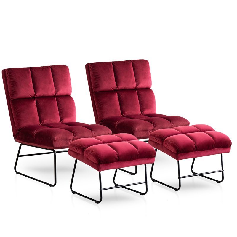 Varrian 2 Set Accent Chair with Ottoman, Velvet Modern Metal Legs, Club Chair Lounge Sofa Couch, Red Velvet