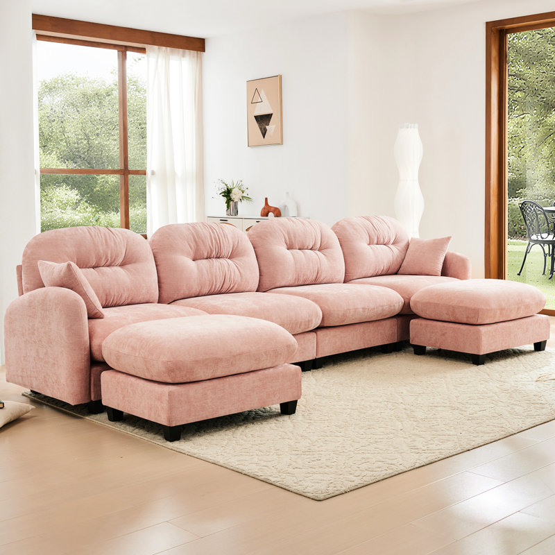 Canapé modulaire rose en forme de U, en chenille respirante, facile à installer dans les pièces. Coussins ergonomiques et confortables pour 4 pièces, parfaits pour la chambre à coucher et le salon.