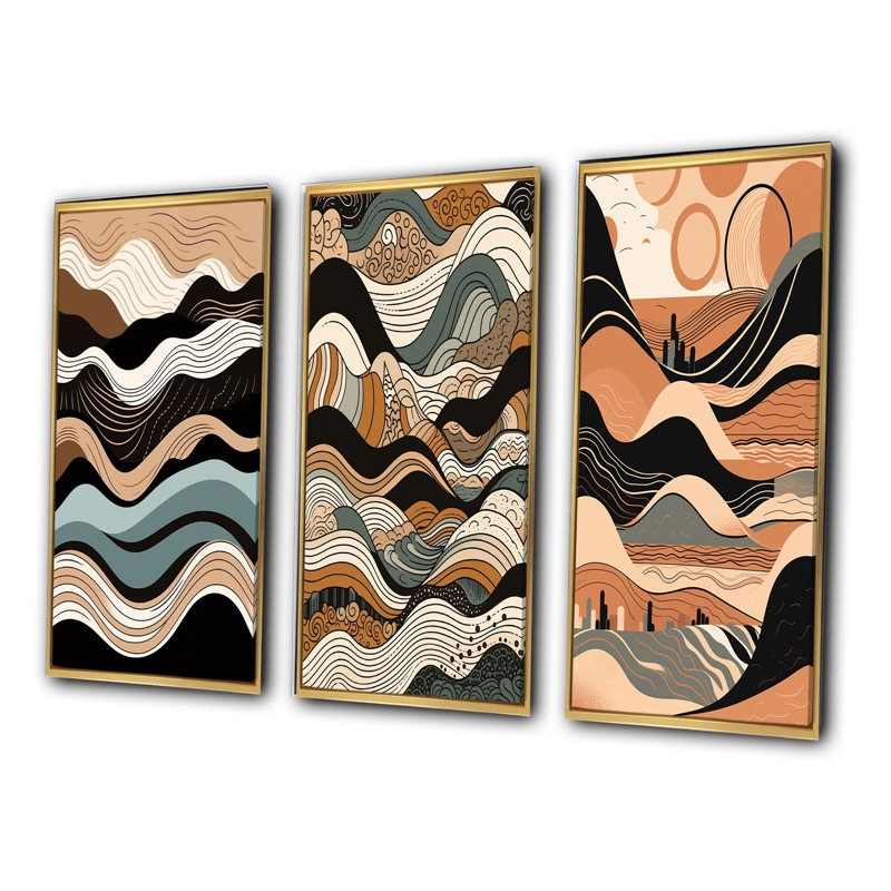 «Teal Black Line Art Elegance», 3 pièces, Cadre flottant doré, H 20 po x l 36 po