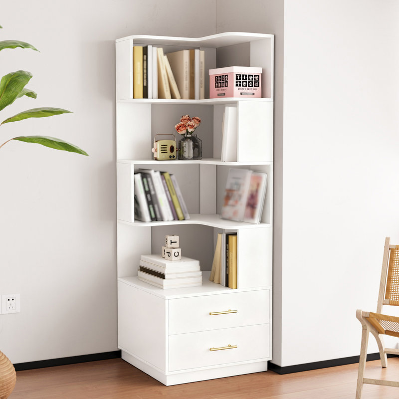 5 Tier Corner Bookshelf, 71" Wood Bookcase With Baffle And 2 Drawers, Morden Freestanding Display Rack With Anti-tipping Device, For Living Room, Home Office, Bedroom