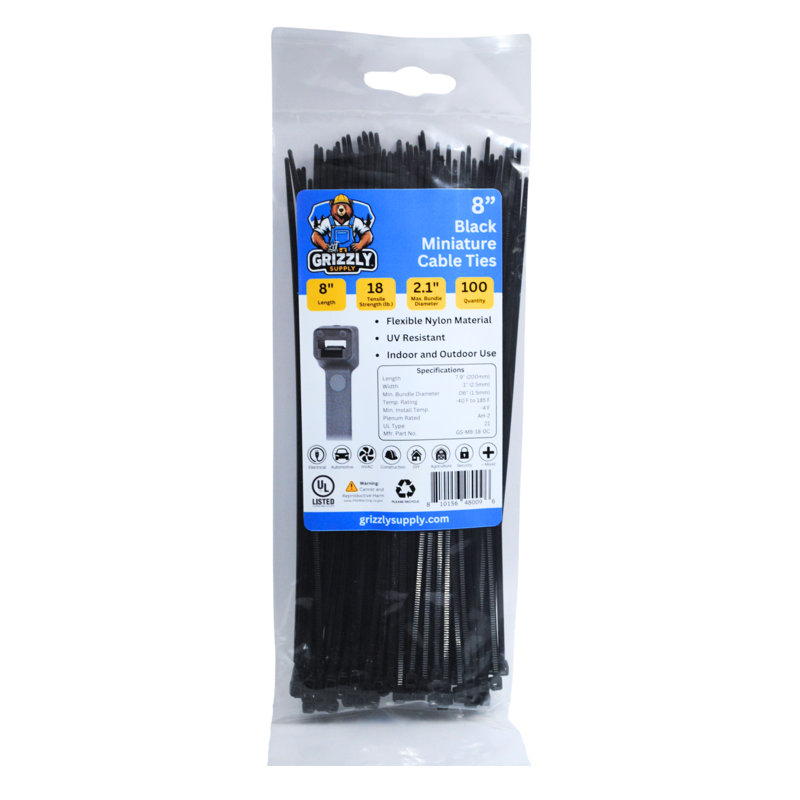 8" 18lb Miniature Cable Tie 100/bag, Black