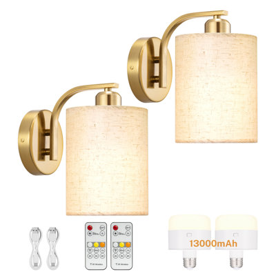 Modern Battery Operated Wall Sconce, Rechargeable Sconces Set of 2 With 13000mah Bulb, Cordless Wall Sconces With Remote, Battery Powered Wall Lamp Wireless Fabric Wall Lights For Bedroom Living Room, Black