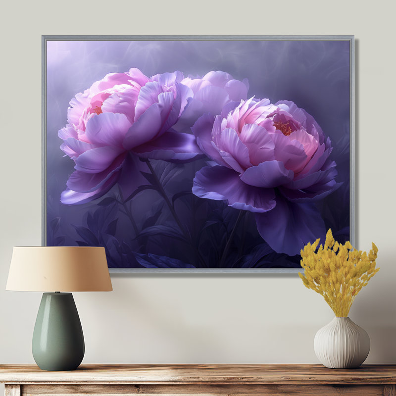 Mauve et gris pivoines de luxe I - pivoines, impression d'art mural, Cadre argenté, H 24 po x l 32 po