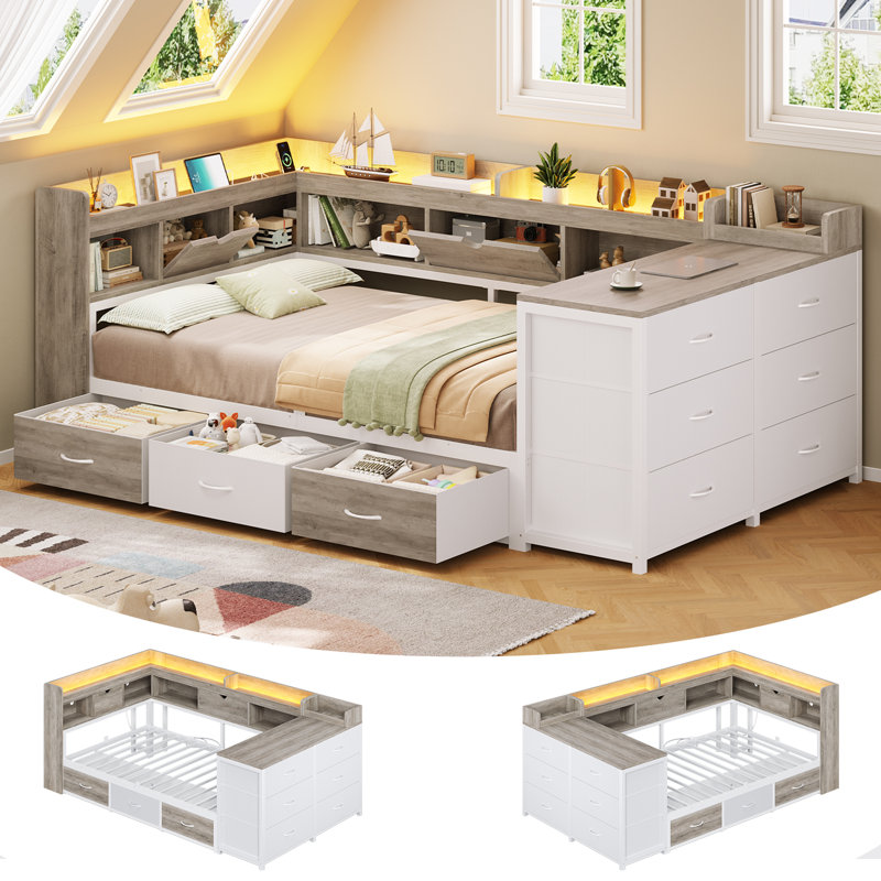 Lit de jour simple, lit d'angle plateforme en métal avec bibliothèque intégrée, tête de lit escamotable, 9 tiroirs, éclairage DEL et borne de recharge