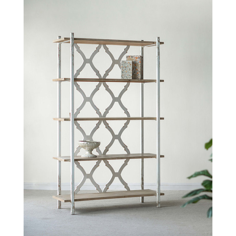 Étagère en bois vieilli 47 x 16,5 x 75 po à cinq niveaux avec découpes ornées, brun / blanc