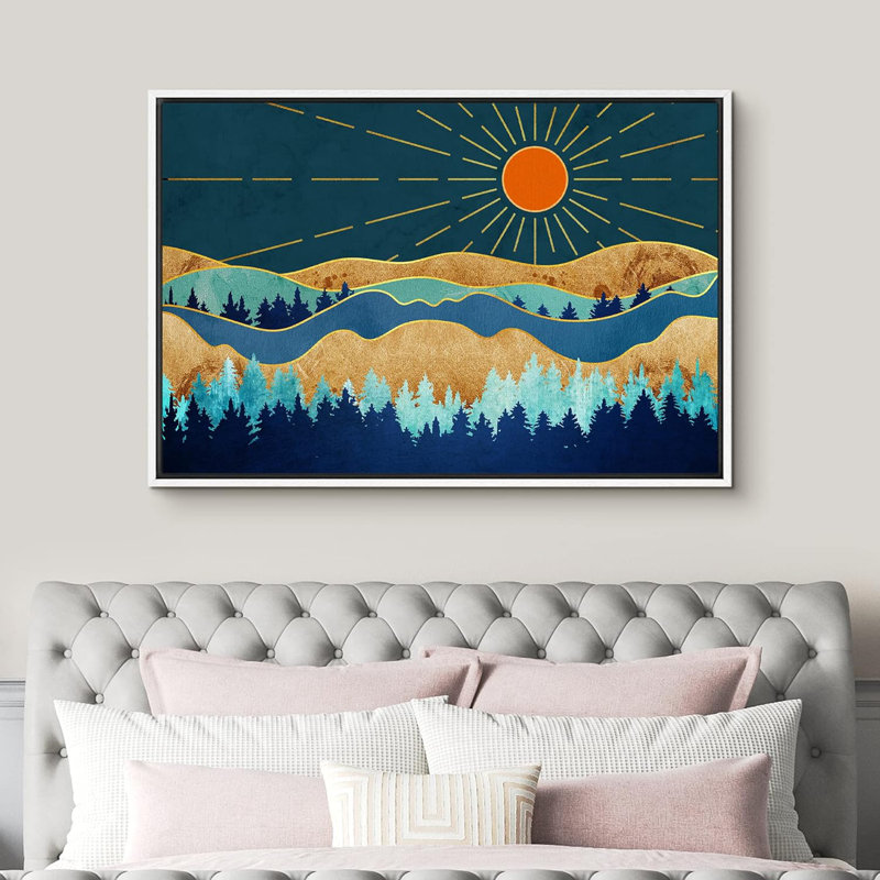 Sun Mountain Range " Shining Orange Sun Over Granite Mountain Forest ", White Floater Frame, 16" H x 24" W